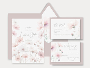 Watercolor wedding invitation with pink delicate cosmea flowers.