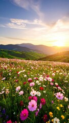 Obraz premium Blooming Light: Spring Flower Field at Sunset, Generated image