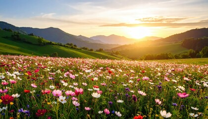 Blooming Light: Spring Flower Field at Sunset, Generated image