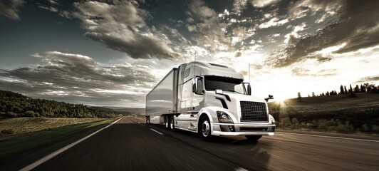 The powerful white truck cruising down the highway at sunset.