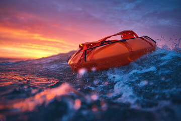 Orange life raft bobs on the ocean surface during a vibrant sunset with a colorful sky above it all