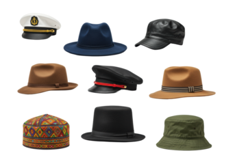 Eight distinct isolated hats: sailor's, fedoras, leather, military, top, kufi, and bucket, precisely rendered on transparent background, copy space, studio lit, high-angle. Concept of diverse headwear