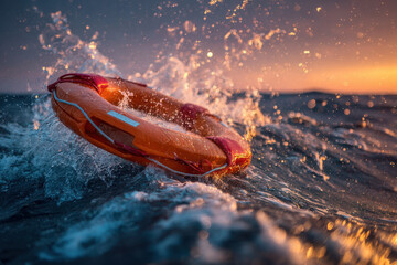 Orange lifebuoy floating on the ocean surface with water splashing and a sunset background scene view