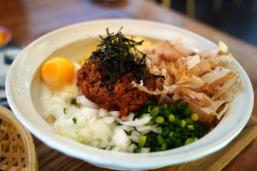 Delicious Japanese Mazesoba Udon Noodles with Egg and Toppings – Close-Up View
