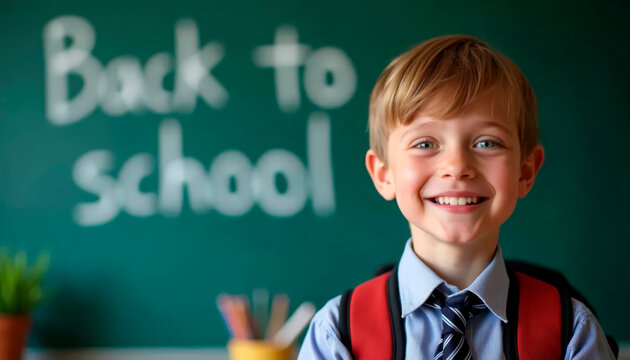 Happy schoolboy in uniform with backpack, classroom chalkboard in background, back to school concept.