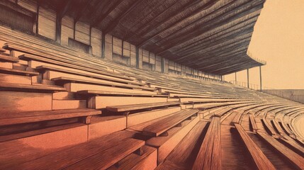 Naklejka premium Abstract Architectural Perspective of Empty Stadium Seating with Artistic Rendering in Warm Tones