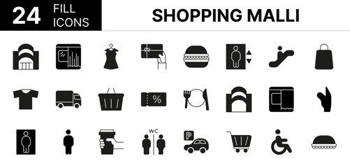 Collection of 24 shopping mall Fill icons featuring editable strokes. These outline icons depict various modes of shopping mall, supermarket, icon set, shopping, department store, person, people, shop