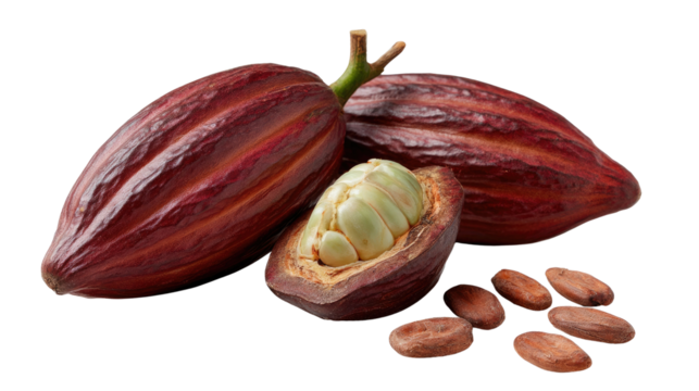 Cocoa Pods: A close-up image showcases ripe cocoa pods, revealing their rich, textured exteriors and the enticing raw cocoa beans within, a visual feast for food enthusiasts.