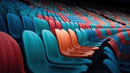 Obraz premium Rows of Colorful Stadium Seats with a Single Orange Chair Highlighting Contrast and Vivid Design Elements