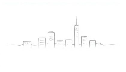 Fototapeta premium Artistic cityscape drawing captures modern skyline architecture against a bright white background with simple lines.