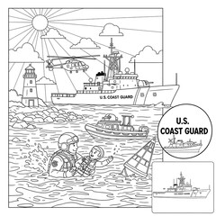 US Coast Guard Rescue Coloring Page  Helicopter, Ship, and Lifeboat Scene