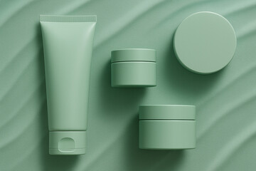 Trendy Green Cosmetic Containers Displayed on an Elegant Textured Background for Visual Appeal