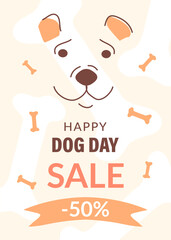 International Dog Day vertical template with a happy dog. Postcard dedicated to the holiday of pets. Background for poster design, postcards, invitations, flyers.