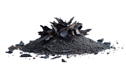 Black Powder Residue: A dramatic close-up shot reveals a pile of black powder residue, the remnants of a powerful explosion, scattered with jagged fragments.