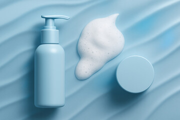 Skin care products arranged on a soft blue background, highlighting beauty and relaxation