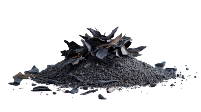Black Powder Residue: A dramatic close-up shot reveals a pile of black powder residue, the remnants of a powerful explosion, scattered with jagged fragments.