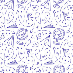 School seamless doodle drawing with a Globe, map, and navigation, Geography basics, and education concept. Vector pen drawings. Children Map background for travel.