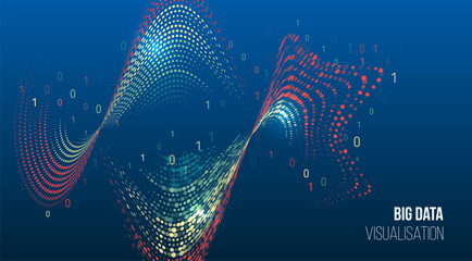 Dynamic wave of colored dots with binary code elements on blue background. Concept of big data visualization, analytics and digital technologies. For banner or presentation