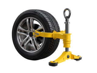 3D illustration of standard yellow wheel clamp locked on black car tire, centered on transparent background