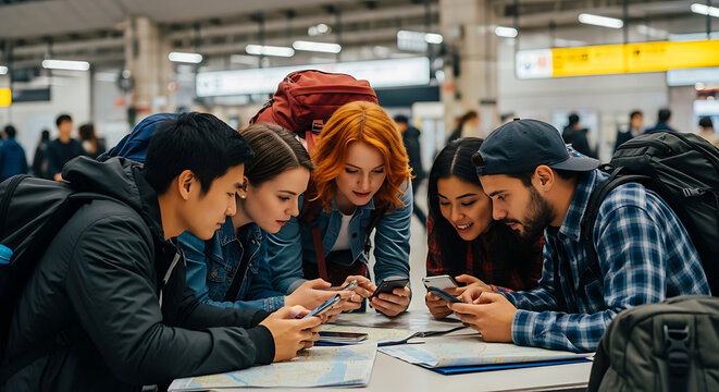 Diverse young travelers planning trip, using smartphones at train station, travel planning and connection - Powered by Adobe
