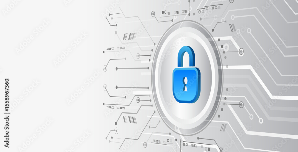 Aufkleber Modern cyber background with printed circuit board, blue padlock on light hi-tech background. Symbolizes data protection, network security and digital reliability. For information security themes.