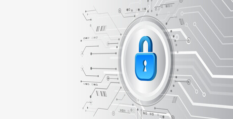 Modern cyber background with printed circuit board, blue padlock on light hi-tech background. Symbolizes data protection, network security and digital reliability. For information security themes.