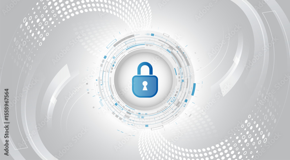 Poster Digital lock on the background of abstract technological circles in light gray color scheme. Symbol of cybersecurity, privacy and digital data protection. For high-tech security presentation.