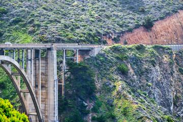 Bixby Creek Bridge along Highway 1 in Big Sur, California. A dramatic view of rugged cliffs, turquoise waves, and iconic coastal engineering on the Pacific Coast