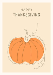 Minimalistic Thanksgiving card with a pumpkin symbol in line art style. Vector illustration of an autumn holiday. Autumn template for invitations and greeting cards