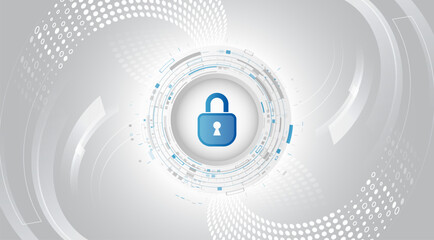 Digital lock on the background of abstract technological circles in light gray color scheme. Symbol of cybersecurity, privacy and digital data protection. For high-tech security presentation.