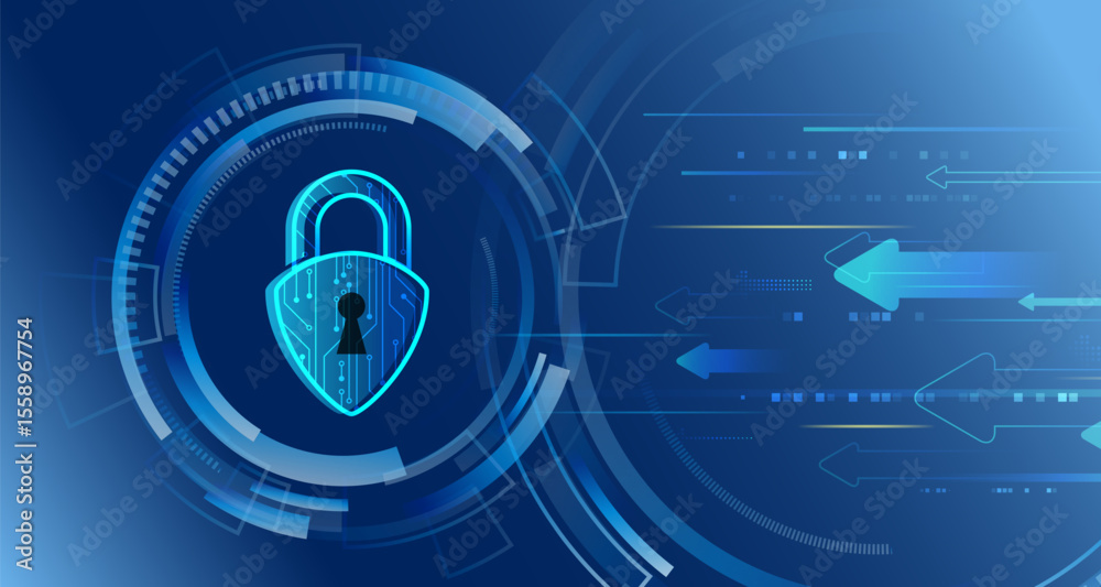 Poster Cybersecurity concept with padlock and digital arrows on futuristic tech blue background. Perfect for data protection, privacy or network security themes.
