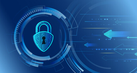 Cybersecurity concept with padlock and digital arrows on futuristic tech blue background. Perfect for data protection, privacy or network security themes.