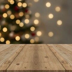     Rustic Wooden Table with Warm Natural Grain in Festive Christmas Background Featuring Bokeh Lights and Decorated Tree – Cozy Holiday Mockup Scene