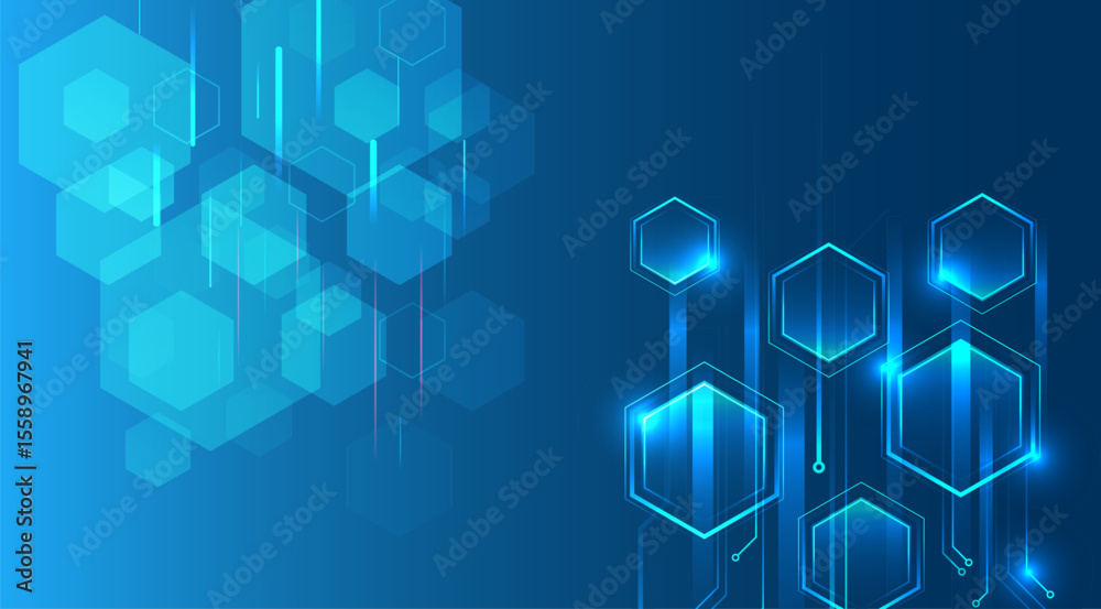 Poster Geometric futuristic concept. Abstract technological background consisting of hexagons and glowing stripes on a blue background. Suitable for high-tech presentations and banners.
