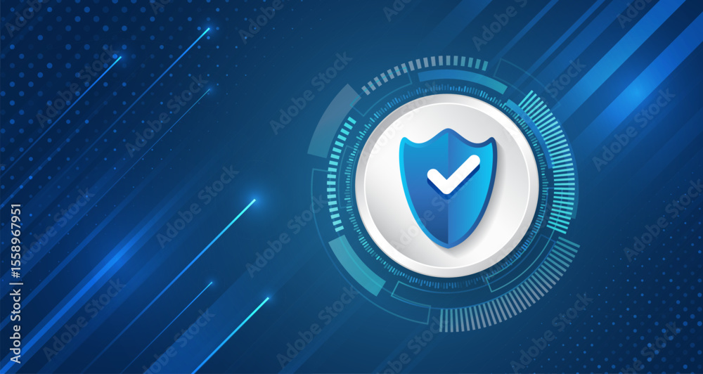 Aufkleber Digital shield on a blue hi-tech background with stripes and glowing dots, symbolizing cybersecurity and data protection. Technological background is ideal for security and IT infrastructure themes