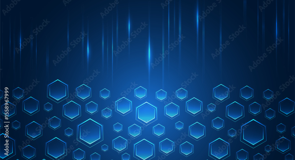 Poster Abstract technological background consisting of hexagons and glowing stripes on a blue background. Suitable for high-tech presentations and banners. Geometric futuristic concept.