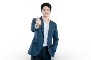 Asian businessman winks while making a Korean finger heart gesture, showing love and affection in a trendy way.