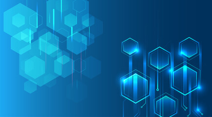 Geometric futuristic concept. Abstract technological background consisting of hexagons and glowing stripes on a blue background. Suitable for high-tech presentations and banners.