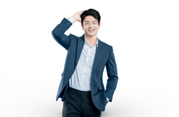 young Asian businessman smiles while running a hand through his hair. Isolated portrait on PNG.