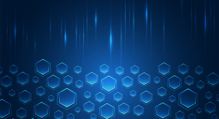 Abstract technological background consisting of hexagons and glowing stripes on a blue background. Suitable for high-tech presentations and banners. Geometric futuristic concept.