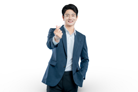 Asian businessman winks while making a Korean finger heart gesture, showing love and affection in a trendy way. - Powered by Adobe