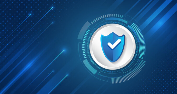 Digital shield on a blue hi-tech background with stripes and glowing dots, symbolizing cybersecurity and data protection. Technological background is ideal for security and IT infrastructure themes