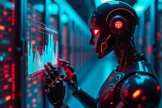 AI robot in data center, cybersecurity risk & privacy leak hacking and privacy threat