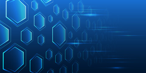 Geometric futuristic concept. Abstract technological background consisting of hexagons and glowing stripes on a blue background. Suitable for high-tech presentations and banners.