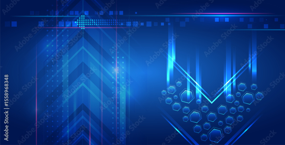 Poster Hi-tech background for presentation and banners. Futuristic blue background with hexagons and directional arrows symbolizes forward movement, technology, progress and digital transformation.
