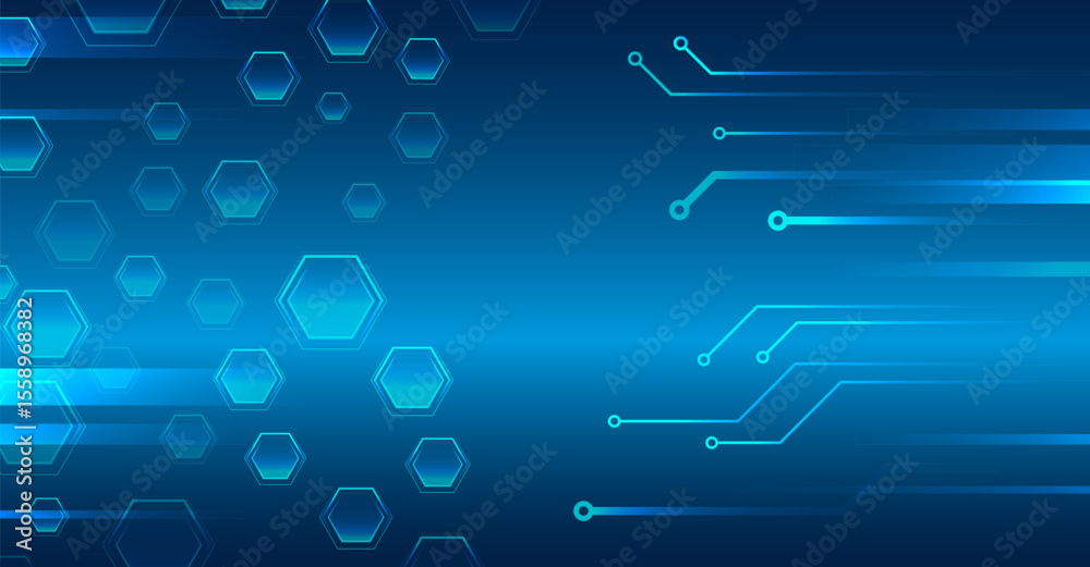 Poster Abstract technological background consisting of hexagons, circuit board and glowing stripes on blue background. Suitable for high-tech presentations and banners. Geometric futuristic concept.