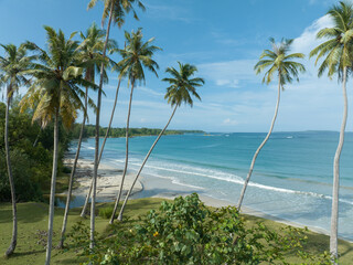An aerial view of a tropical island with white sand beaches and turquoise waters. Waves crashing on a white sandy tropical beach. Tall coconut trees on the beach