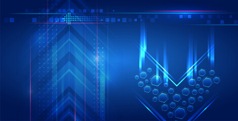 Hi-tech background for presentation and banners. Futuristic blue background with hexagons and directional arrows symbolizes forward movement, technology, progress and digital transformation.