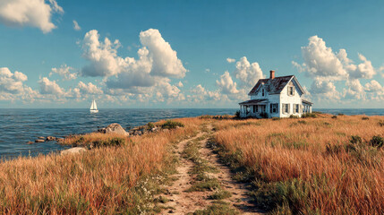 A peaceful coastal scene with a rustic, weathered house standing alone by the sea, surrounded by tall golden grass and a dirt path leading to the shoreline