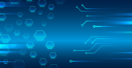 Abstract technological background consisting of hexagons, circuit board and glowing stripes on blue background. Suitable for high-tech presentations and banners. Geometric futuristic concept.